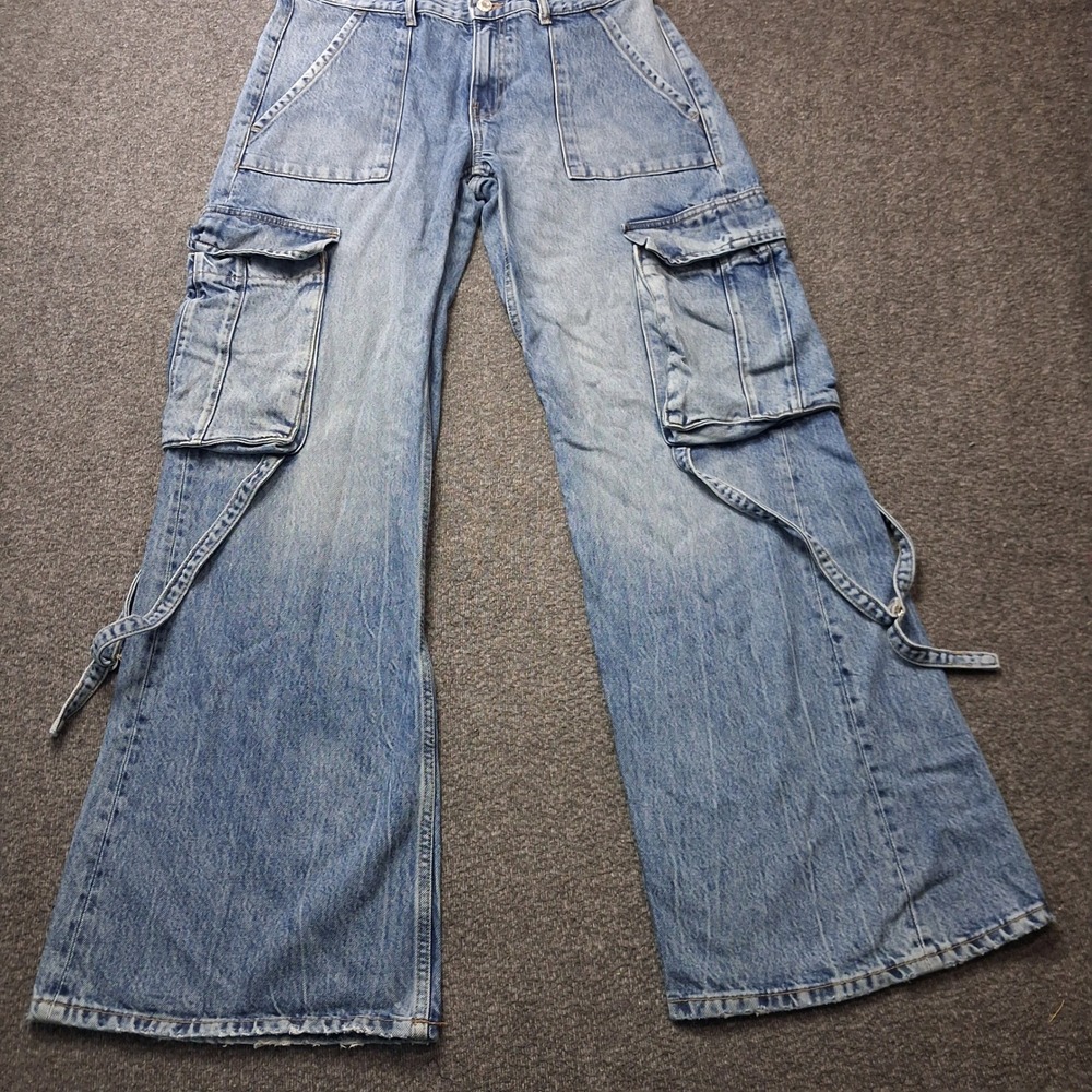 Zara Light Wash Blue Baggy Wide Leg Cargo Jeans Multi Pocket Straps Size 30 / 8 - Picture 1 of 14